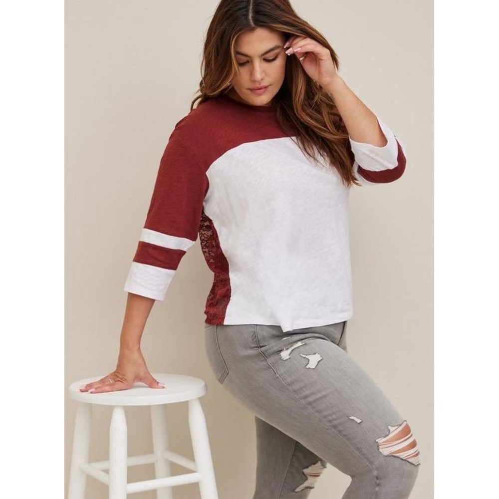 Torrid Womens Burgundy White Lace Back Baseball Tee‎ 3/4 Sleeve Plus 1 (1X)